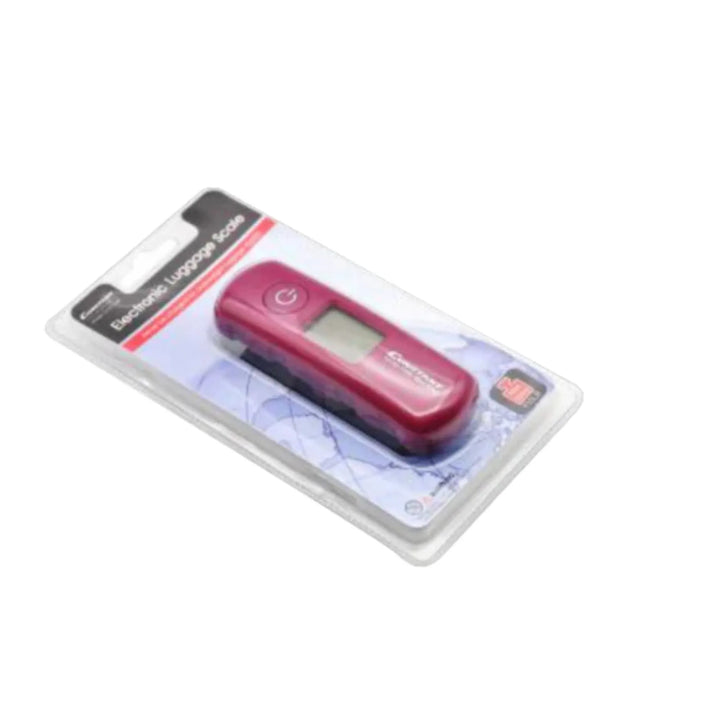 Pink electronic luggage scale in packaging on a white background