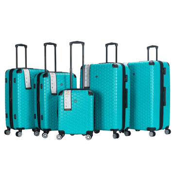 Set of turquoise suitcases with black handles and wheels on a white background