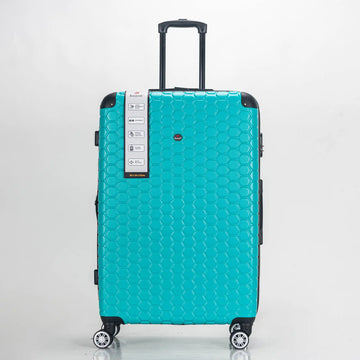 Turquoise suitcase with a honeycomb pattern on a light gray background