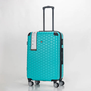 Turquoise suitcase with a honeycomb pattern on a white background