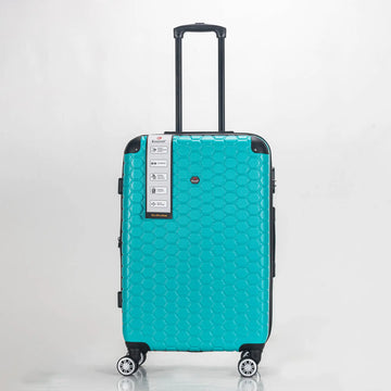 Turquoise suitcase with a pattern on a white background