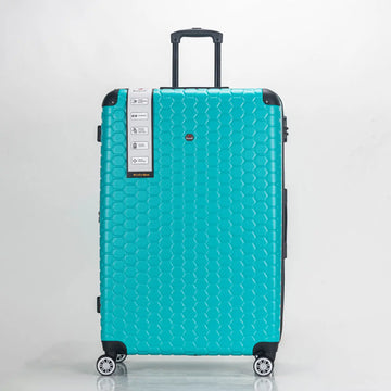 Turquoise suitcase with a honeycomb pattern on a light gray background