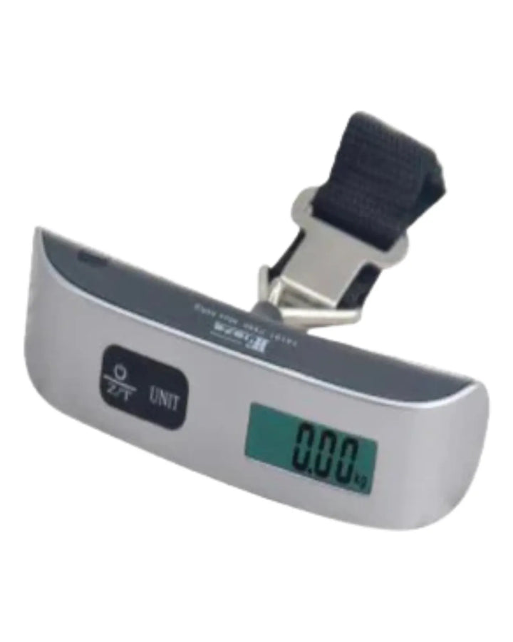 Digital luggage scale with a black strap on a white background