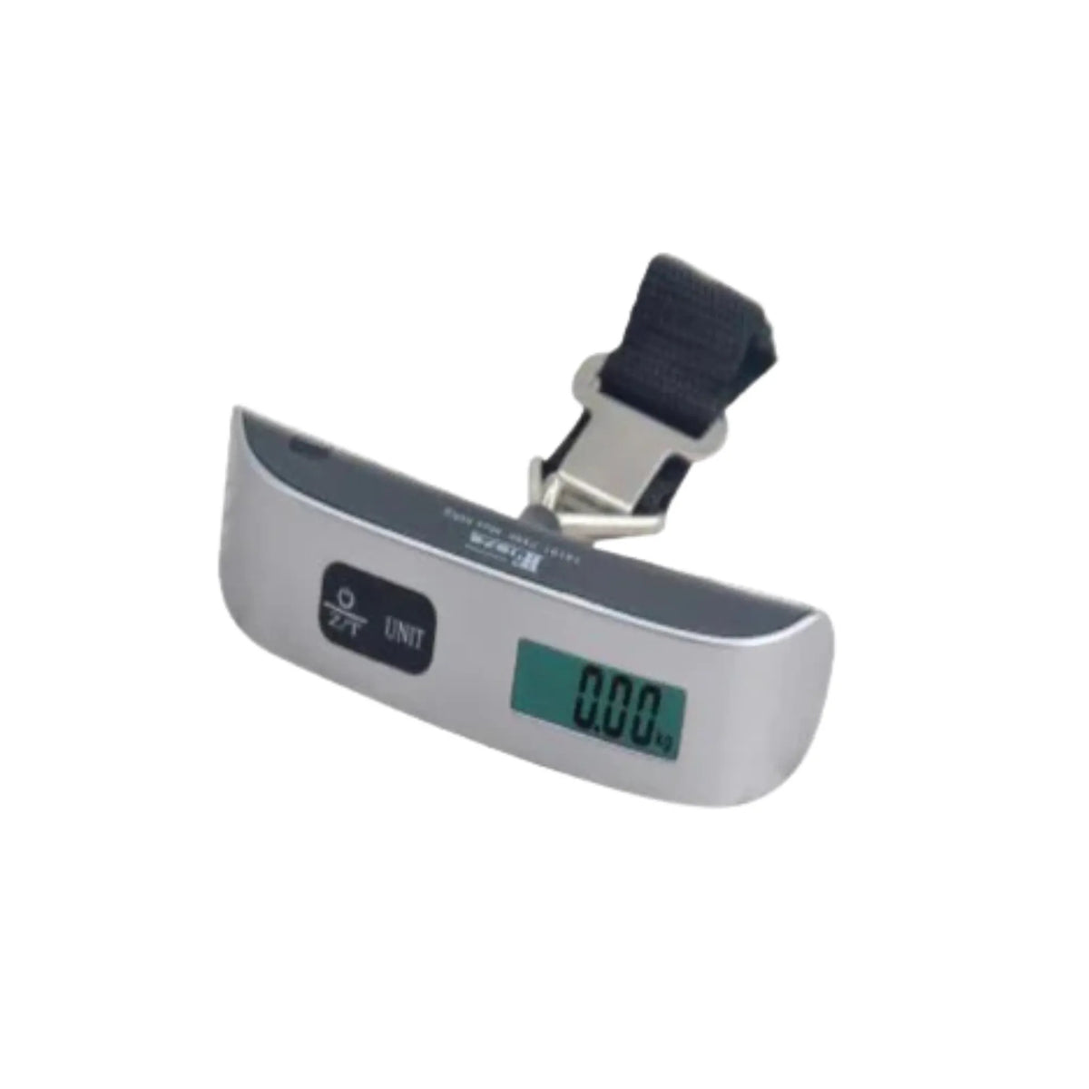 Digital luggage scale with a black strap on a white background