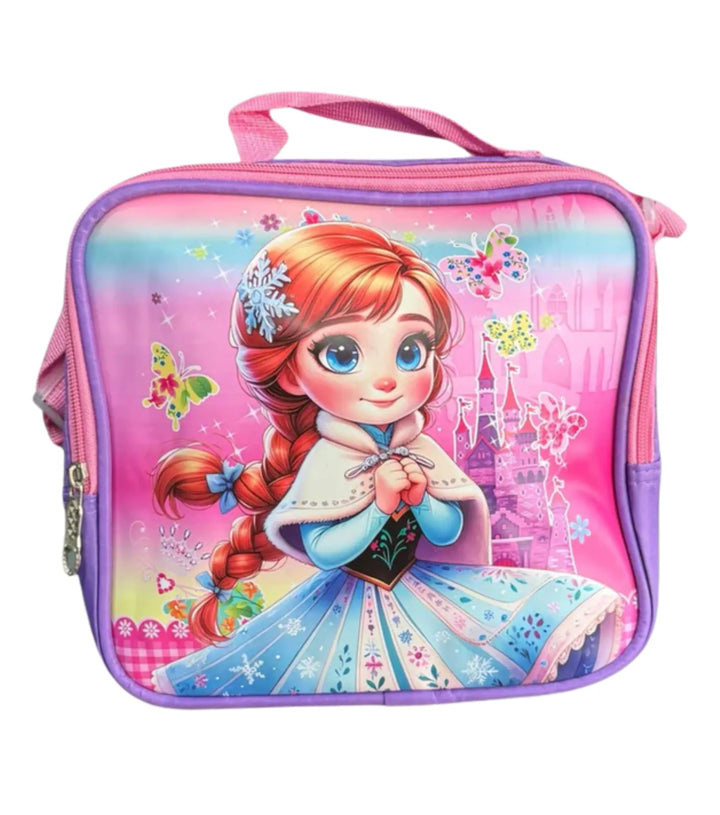 Pink lunch bag with a character design on a white background