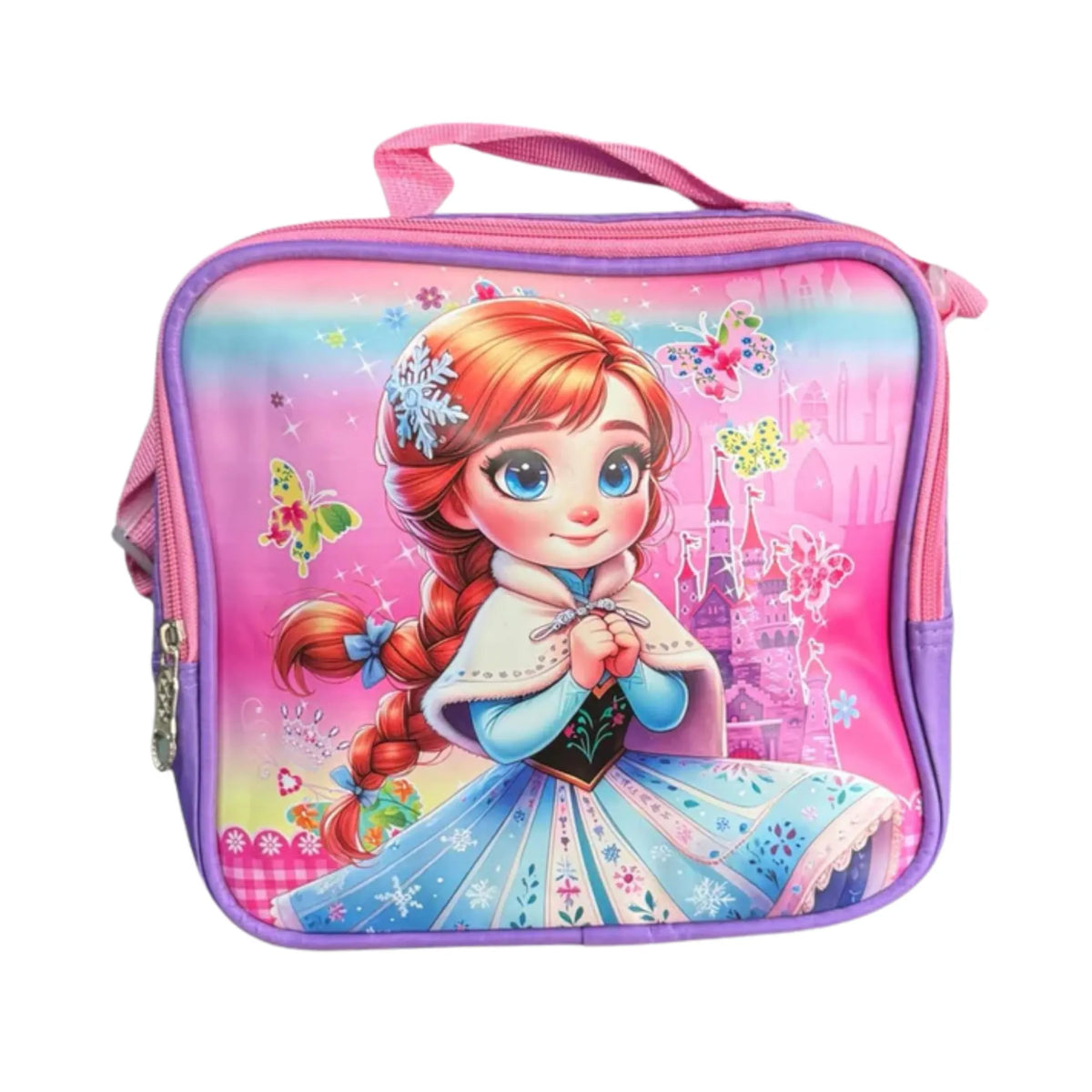 Pink lunch bag with a character design on a white background