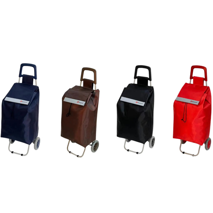 Four shopping trolleys in different colors (Navy, Brown, Black, Red) on a white background.