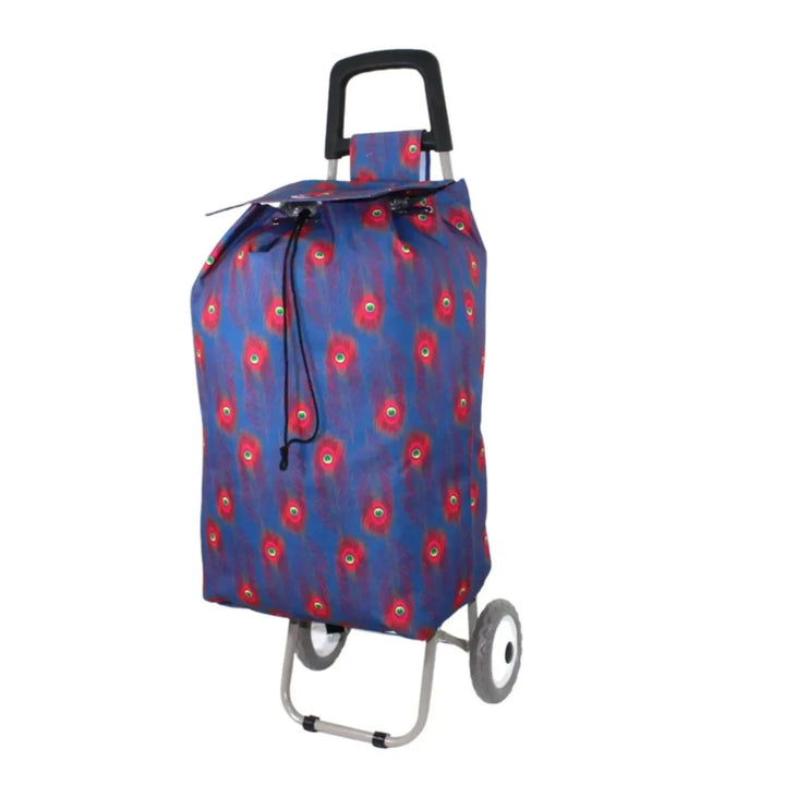 Blue shopping cart bag with red circular patterns on a white background
