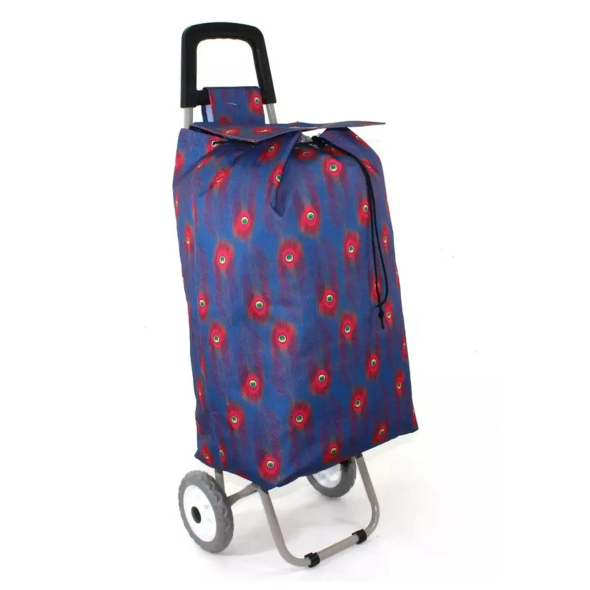 Blue shopping cart with red pattern on a white background