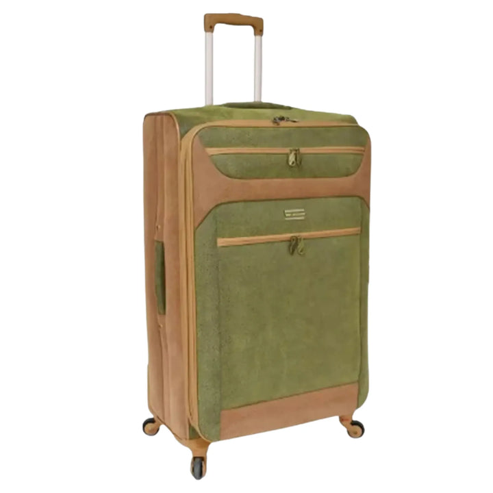 Green and brown suitcase on a white background