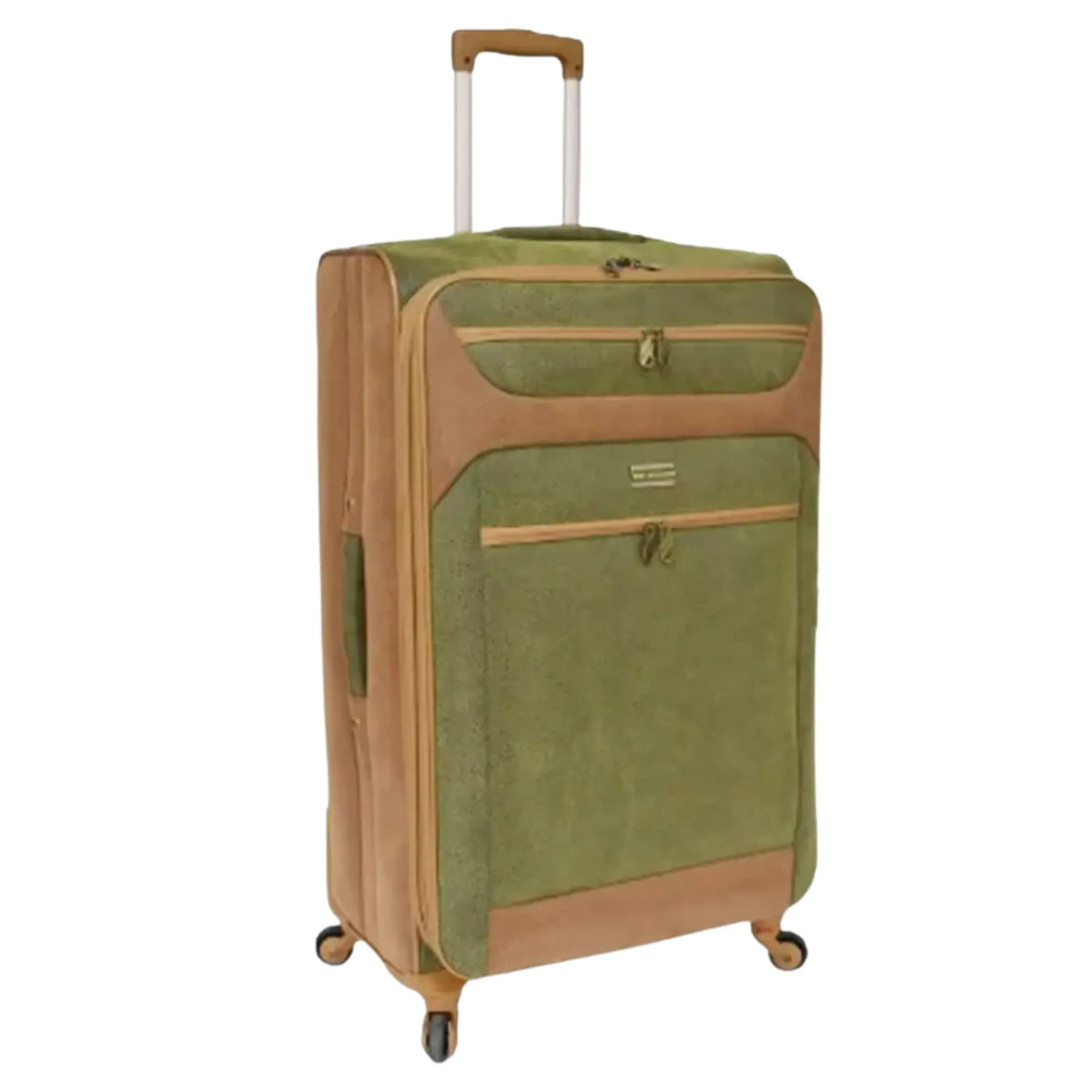Green and brown suitcase on a white background