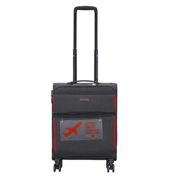 Black suitcase with a clear tag on a white background