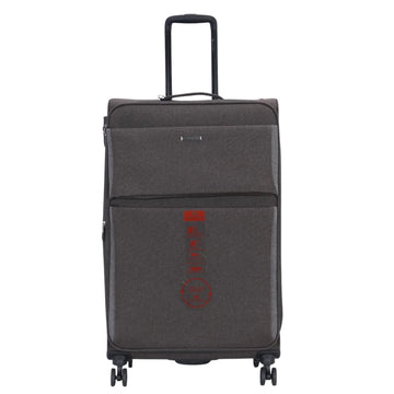 Gray suitcase with a red logo on a white background