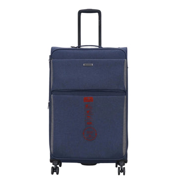 Blue suitcase with a red logo on a white background