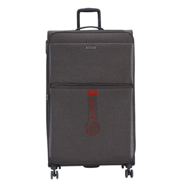 Gray suitcase with a red logo on a white background