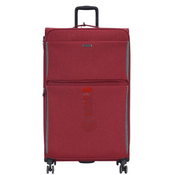 Red suitcase with a visible brand logo on a white background