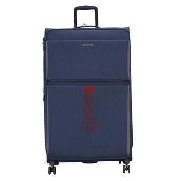 Blue suitcase with a red logo on a white background