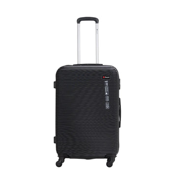 Black suitcase with a visible brand logo on a white background