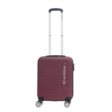 Maroon suitcase with wheels and handle on a white background