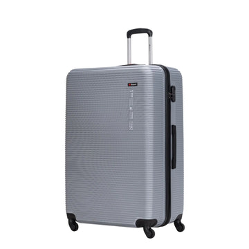 Silver suitcase with black wheels on a white background
