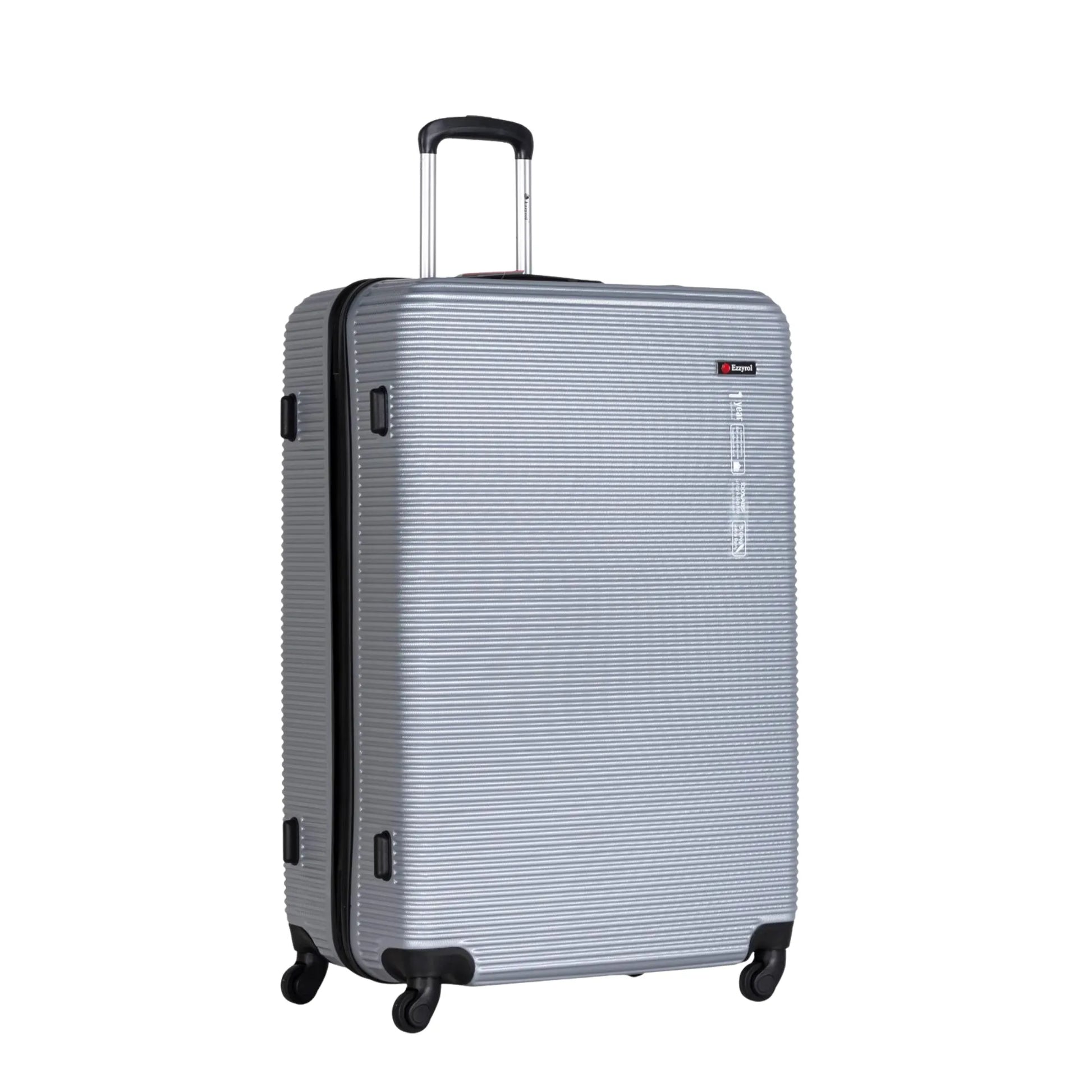 Silver suitcase with black accents on a white background