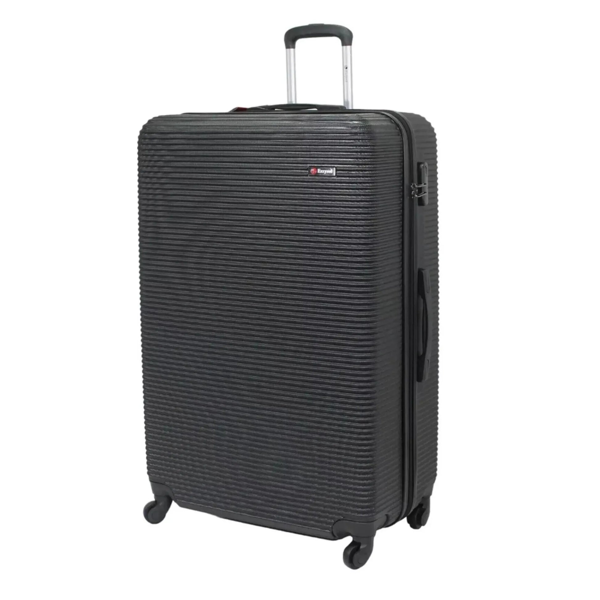 Black textured suitcase with a handle on a white background