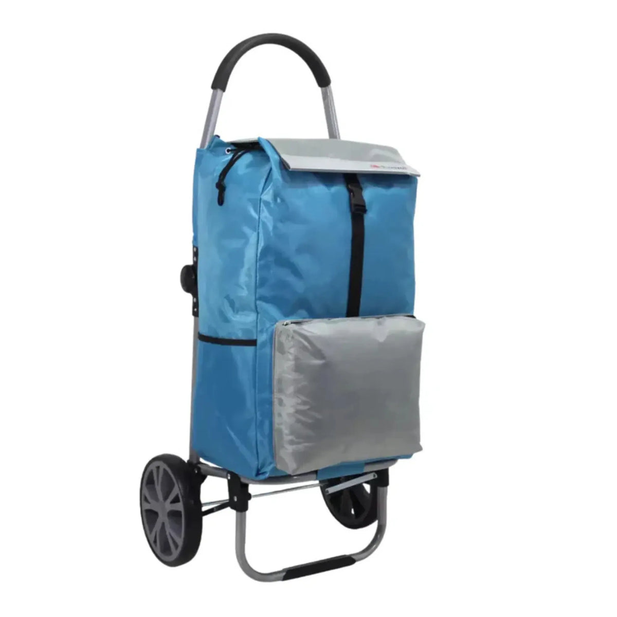 Blue shopping trolley with a cooler bag on a white background