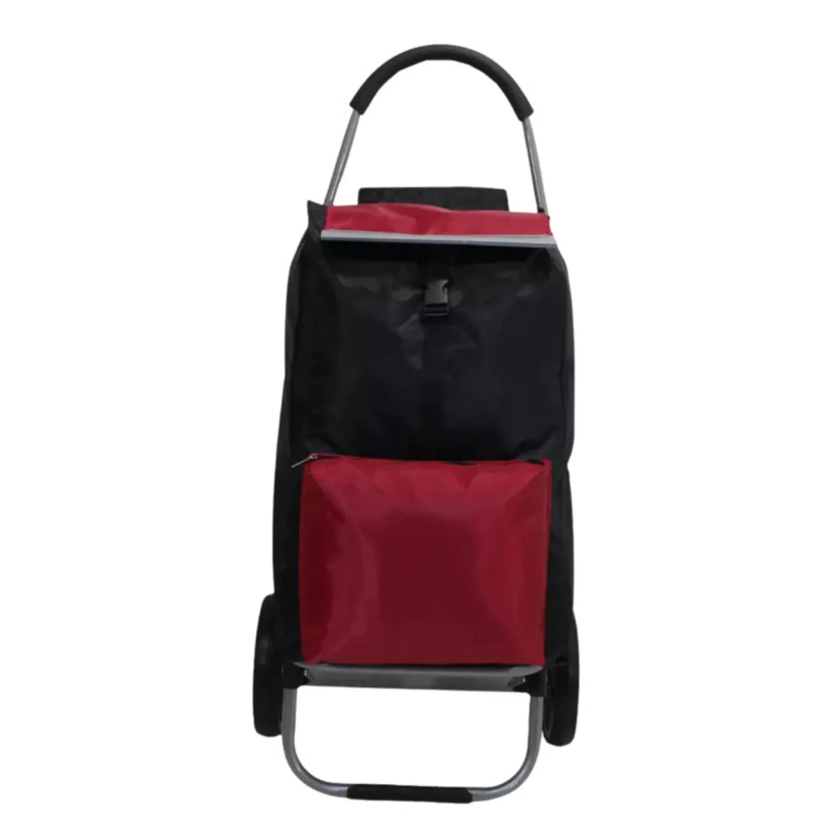 Black and red shopping trolley with a bag on a white background