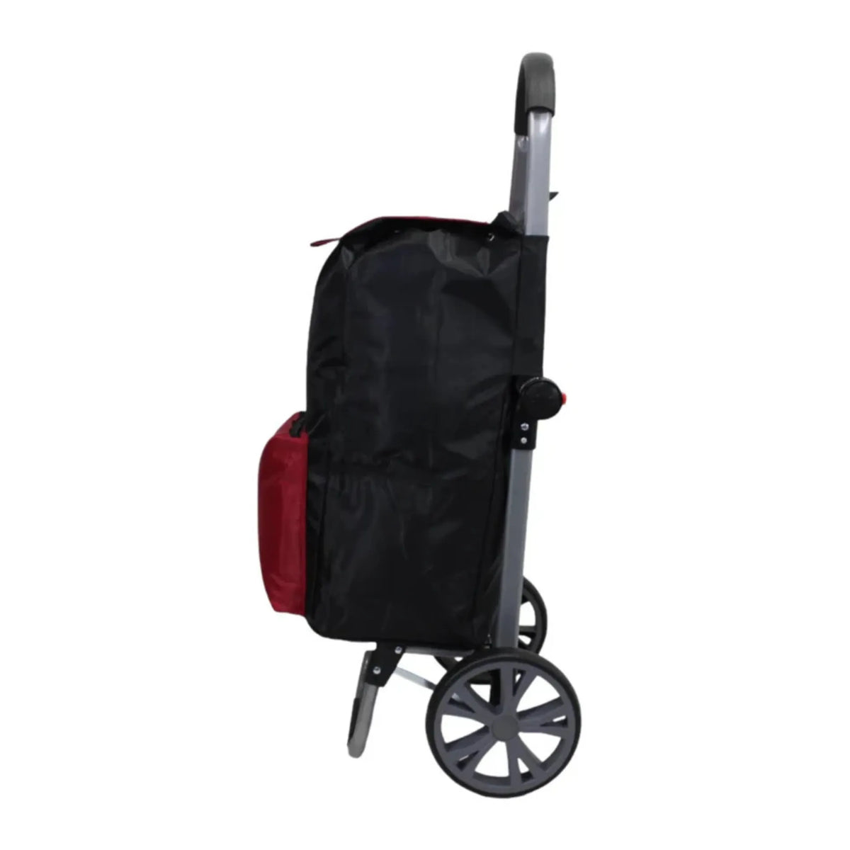 Black shopping trolley with a red bag on a white background