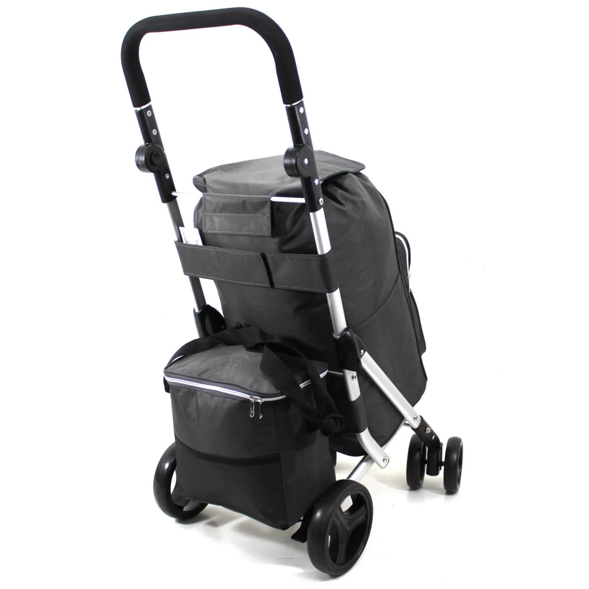 Black and silver shopping trolley with storage bags on a white background