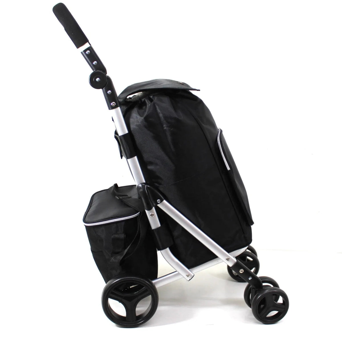 Black shopping trolley with a bag attached on a white background