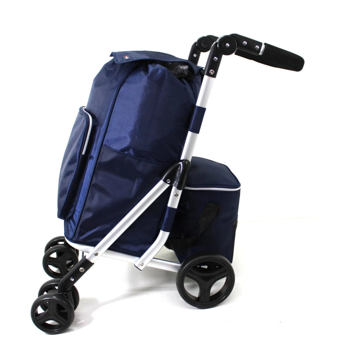 Navy blue shopping trolley with wheels on a white background