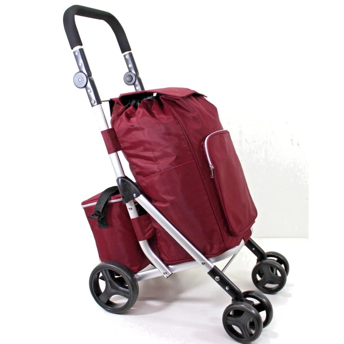 Ezzyrol 50L folding shopping trolley in burgundy, four wheels with detachable cooler bag