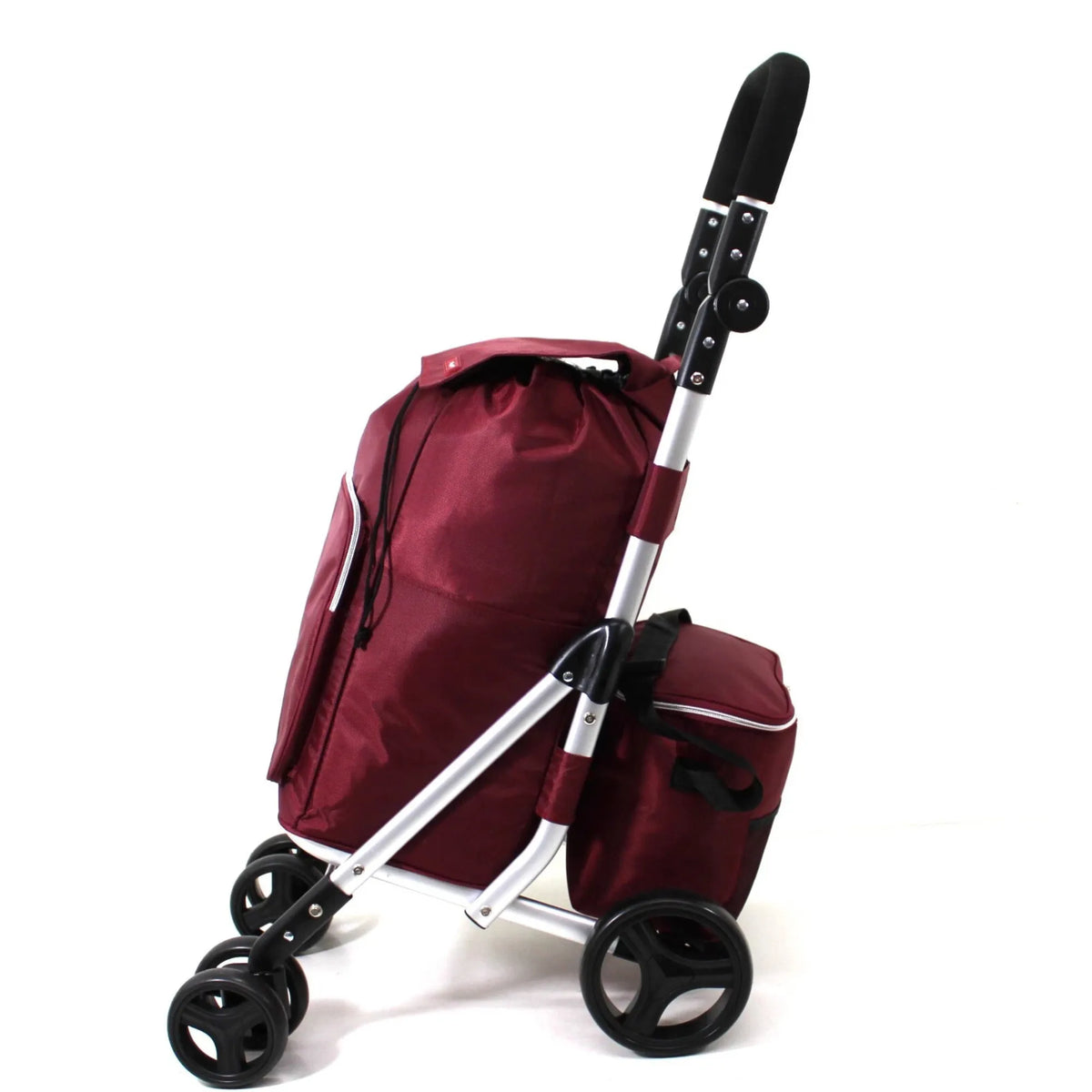 Maroon bag with wheels on a white background