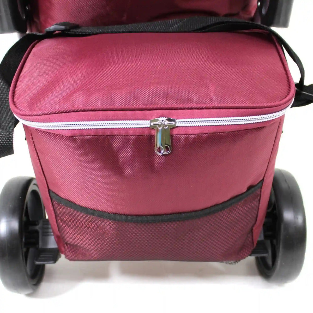 Detachable 10L insulated cooler bag in burgundy, zipped, on the Ezzyrol 50L trolley