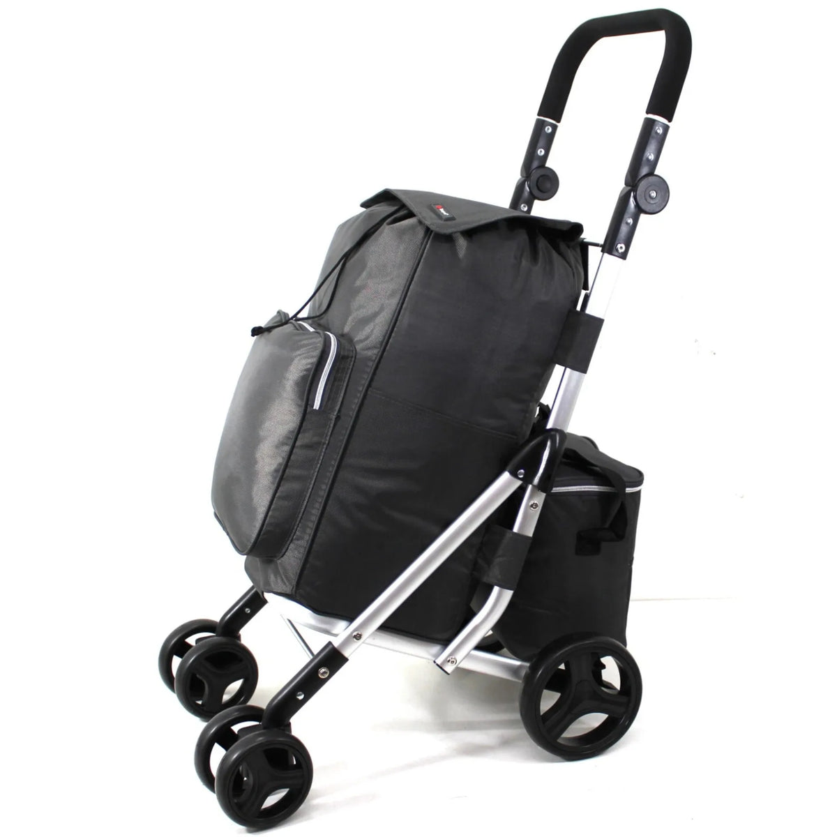 Black shopping trolley with a large bag on a white background