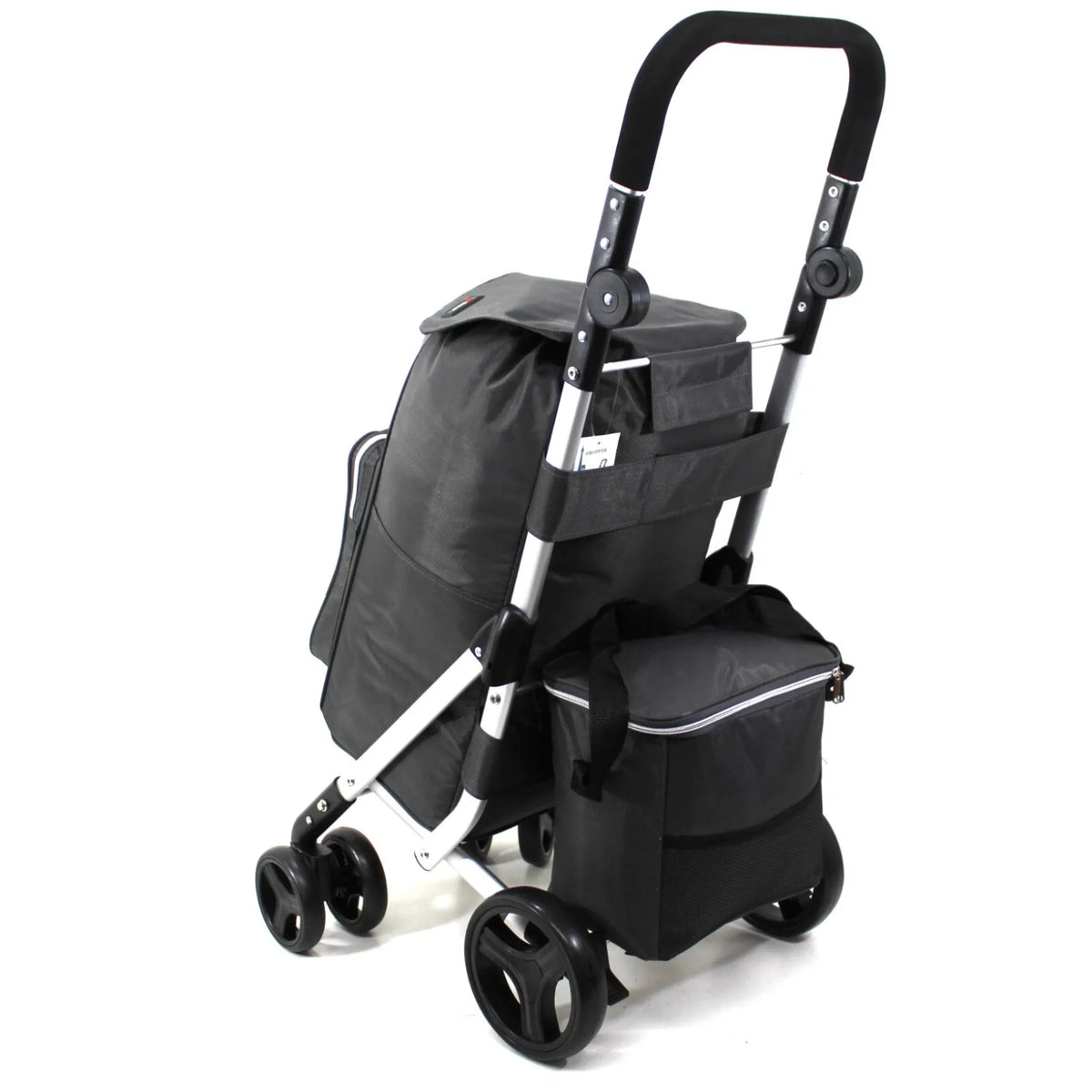 Ezzyrol 50L folding shopping trolley in black with its detachable cooler bag