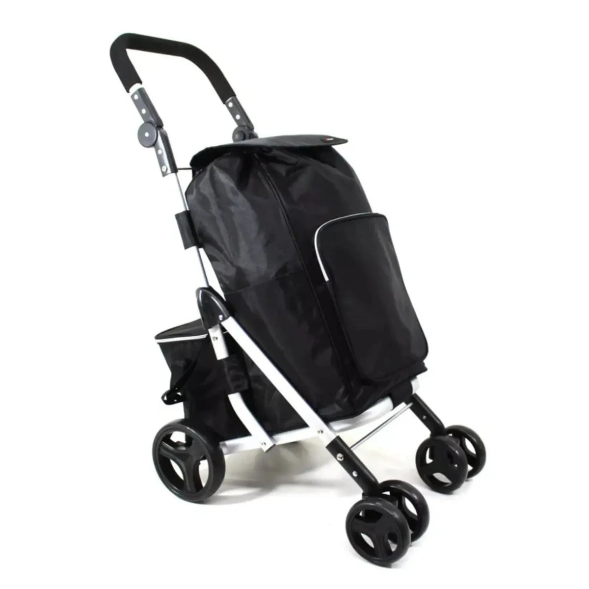 Black and silver shopping trolley on a white background