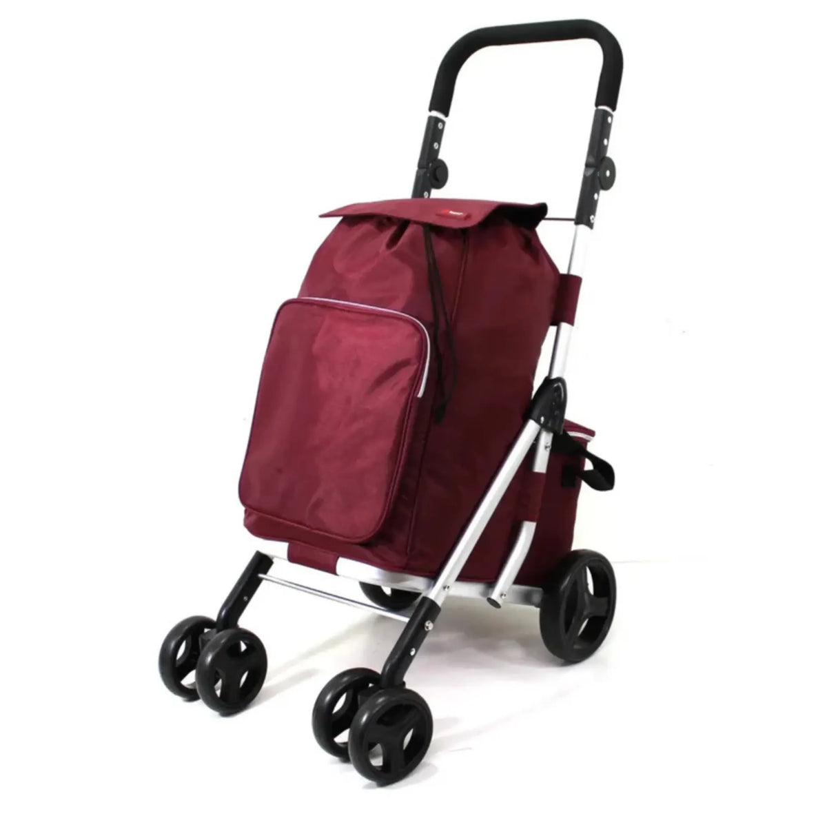 Maroon shopping trolley bag with wheels on a white background