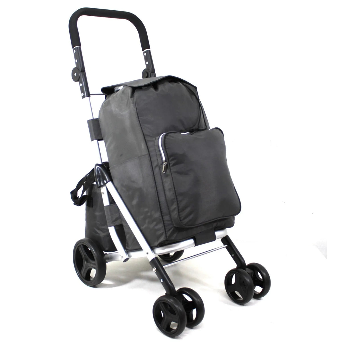 Black shopping trolley with a bag on a white background