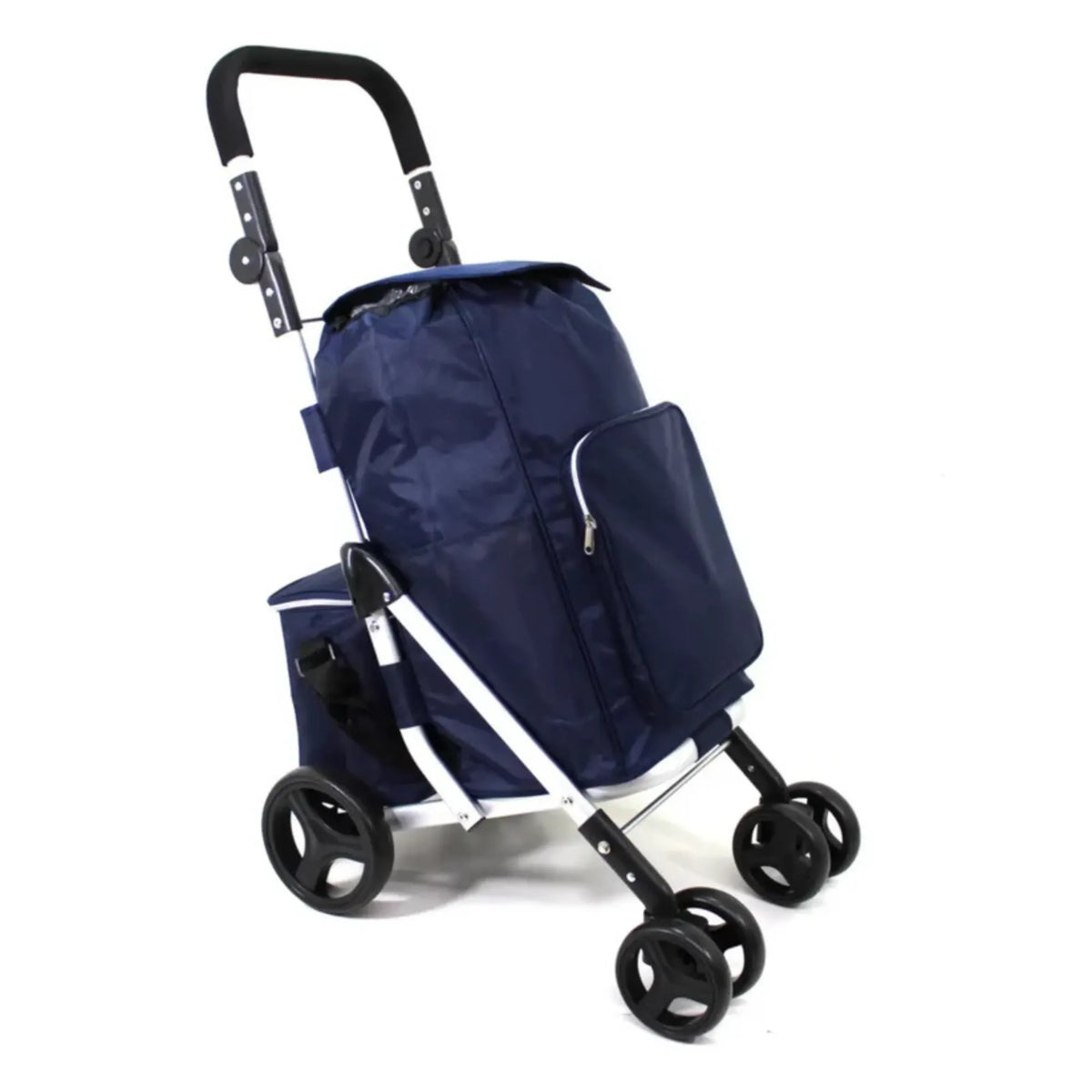 Navy blue shopping trolley with wheels on a white background