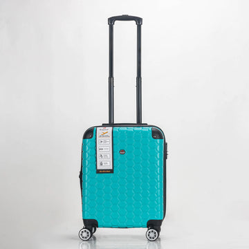 Teal suitcase with black handle and wheels on a light gray background