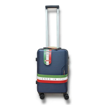 Blue suitcase with a 'Designed in Italy' ribbon on a white background
