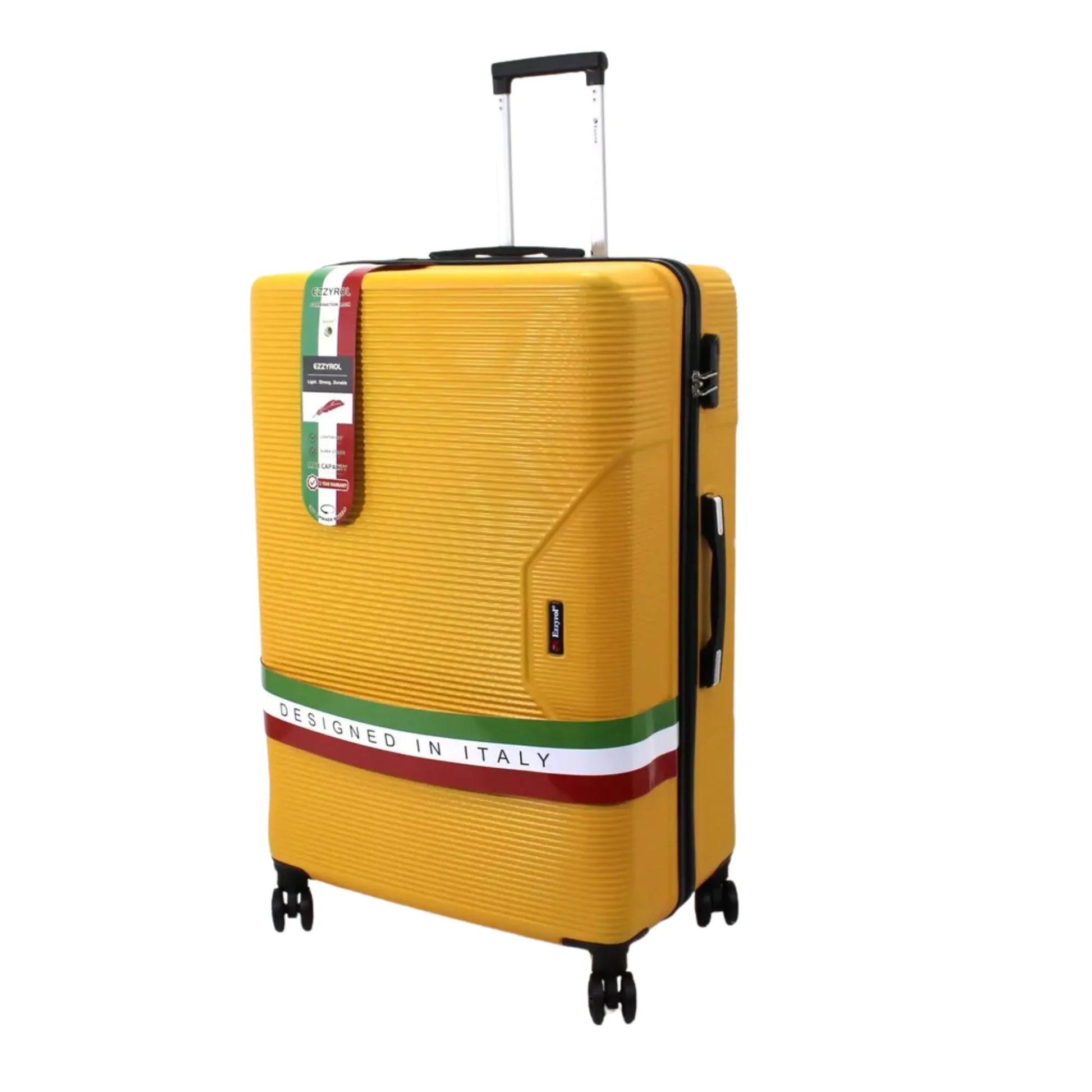 Yellow suitcase with a design inspired by the Italian flag on a white background