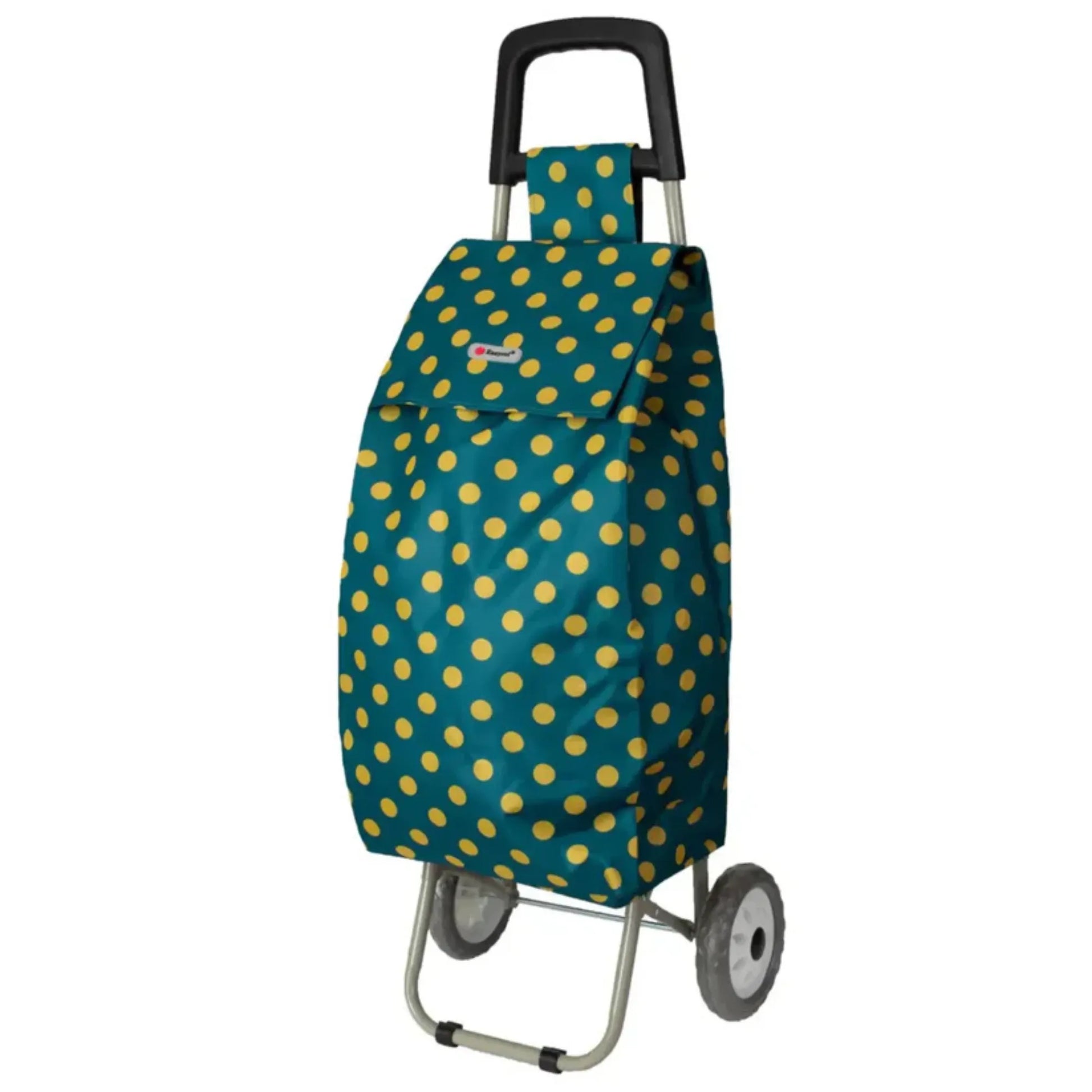 Green shopping cart with yellow polka dots on a white background