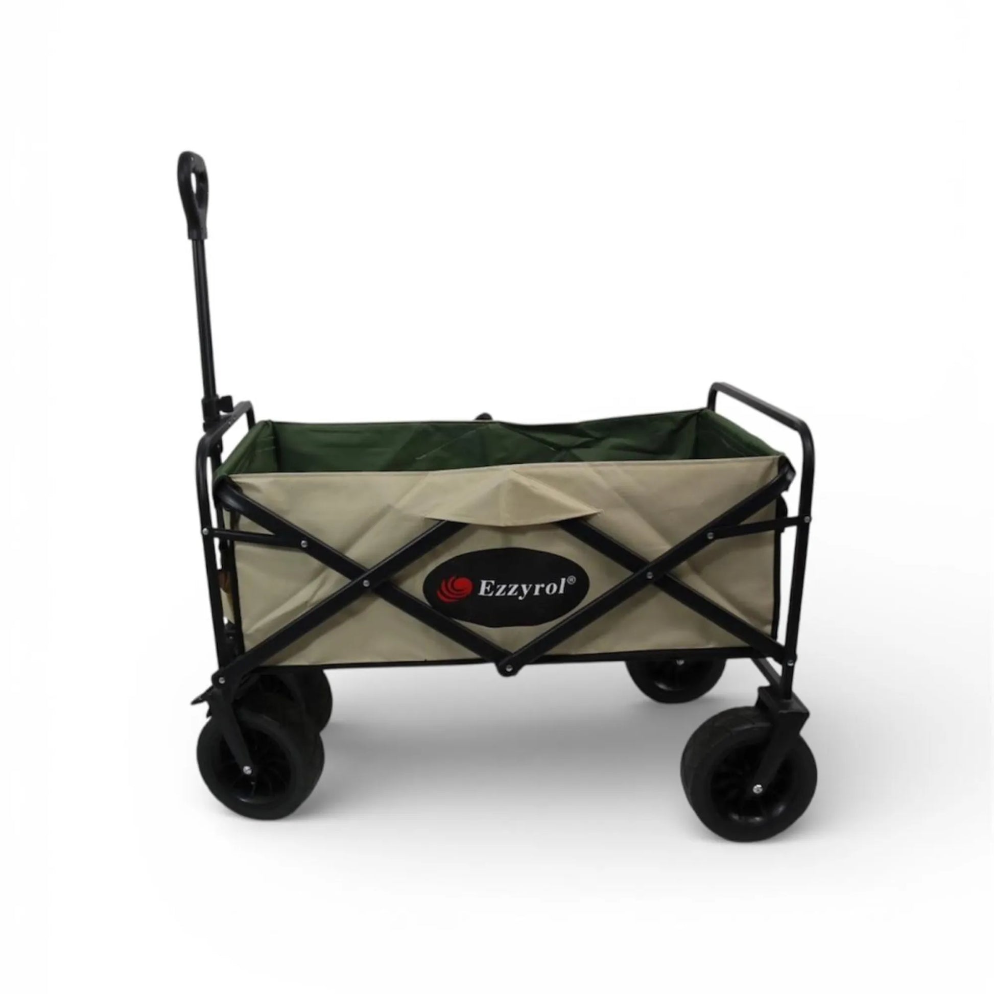Collapsible garden cart with green and beige folding tray on a white background