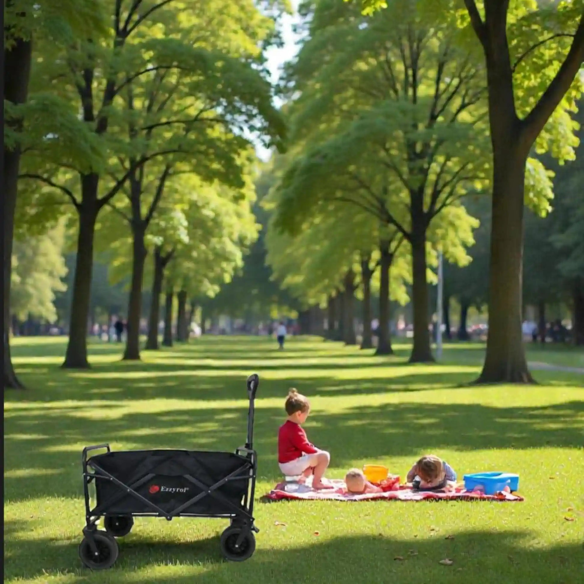 Children playing in a park with a black wagon on a sunny day.