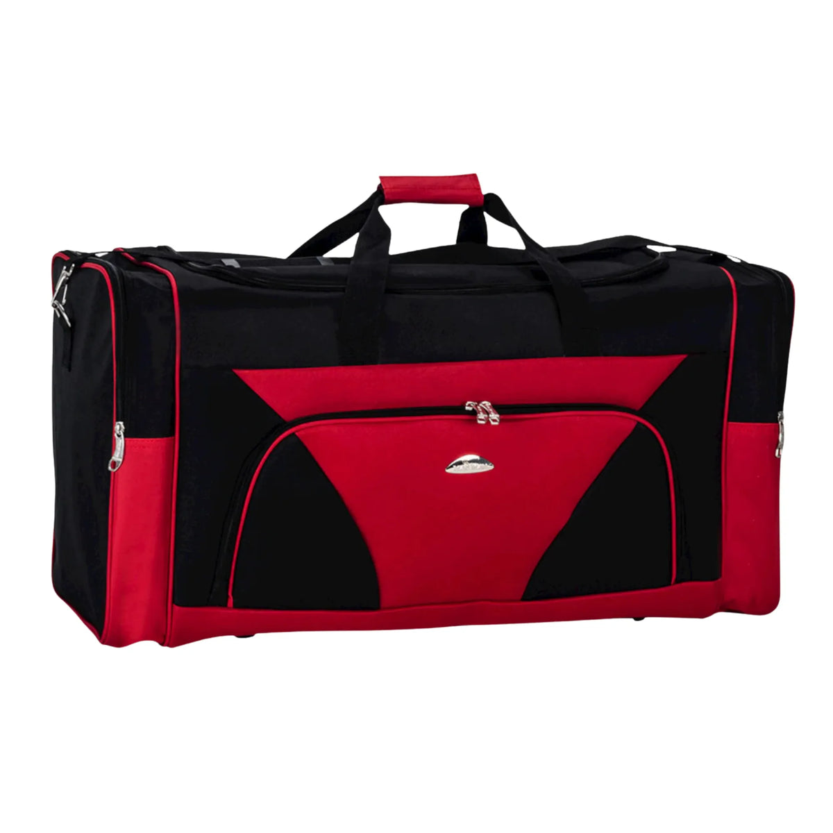 Black and red duffel bag on a white background
