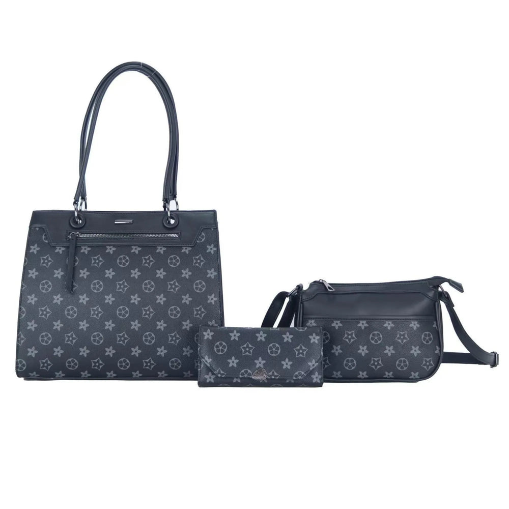 Set of three black handbags with star pattern on a white background