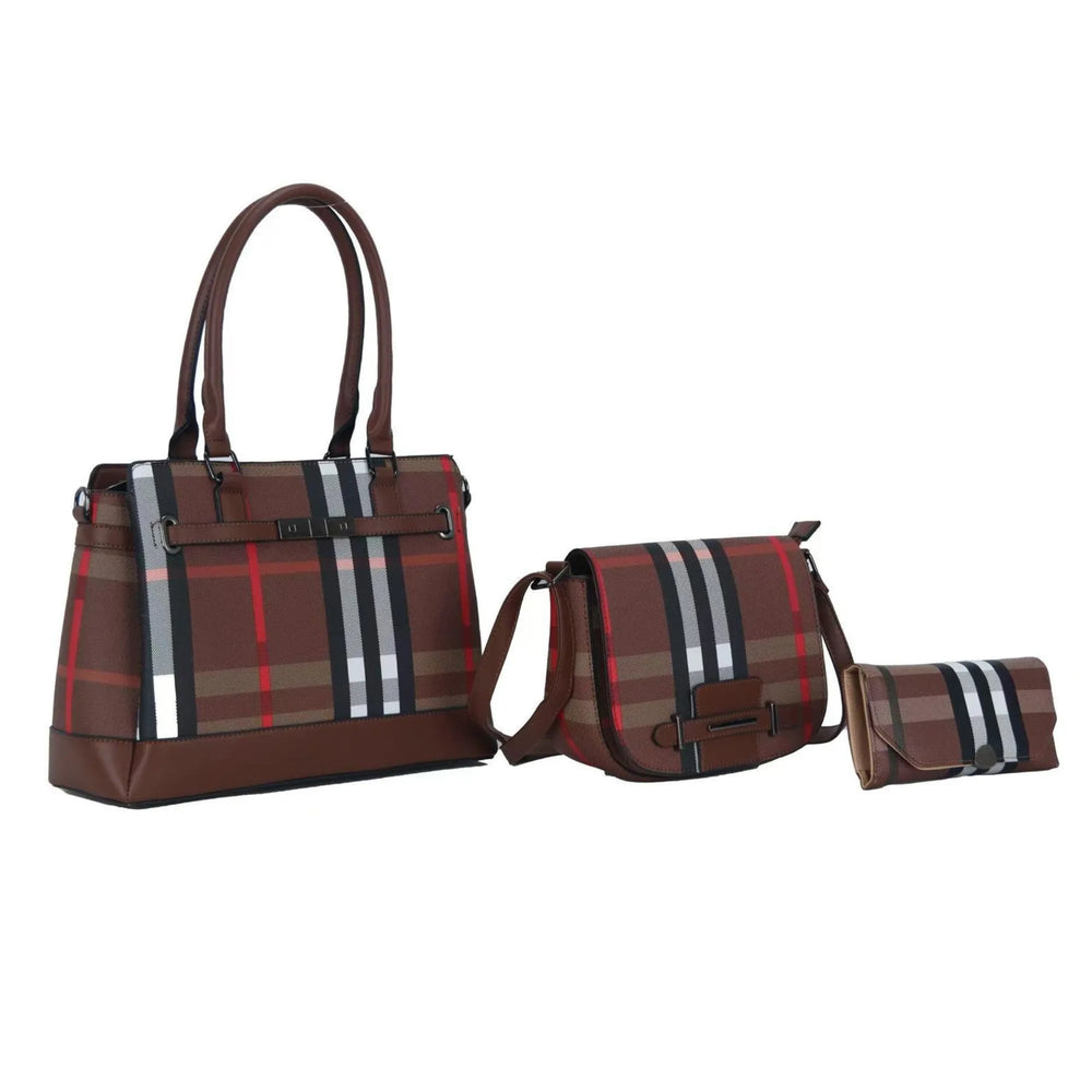 Set of plaid handbags including a large tote, medium satchel, and small pouch on a white background.